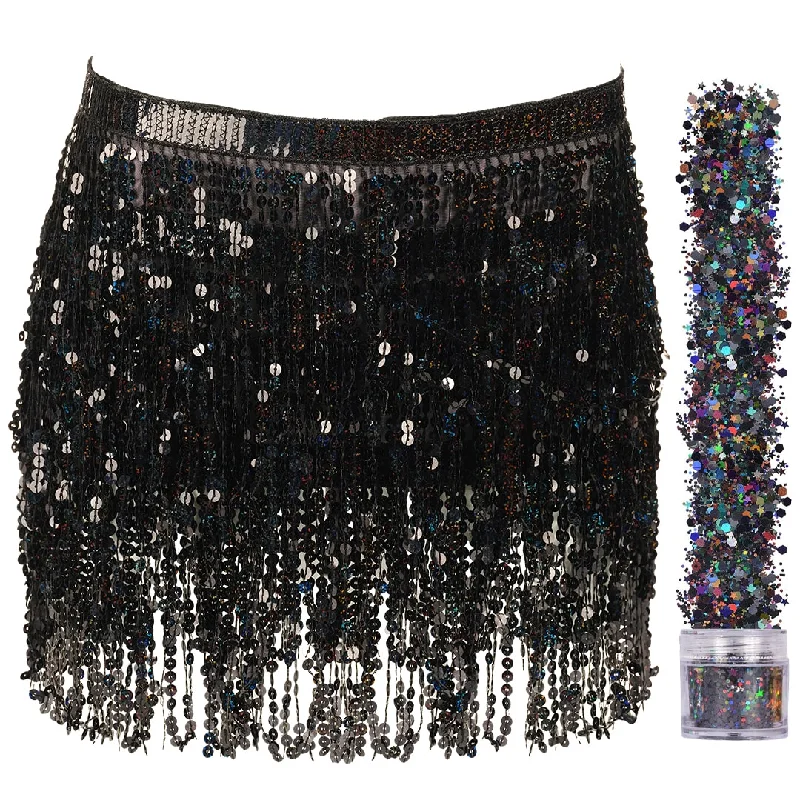 Sequin Fringe Mini Skirt - Sparkly Belly Dance Hip Scarf - Space Cowgirl Outfit - Holographic Tassel Skirts - Party Accessories - Music Festival Rave Clothes for Women ( Black ) - FUNCREDIBLE lace skirt intricate
