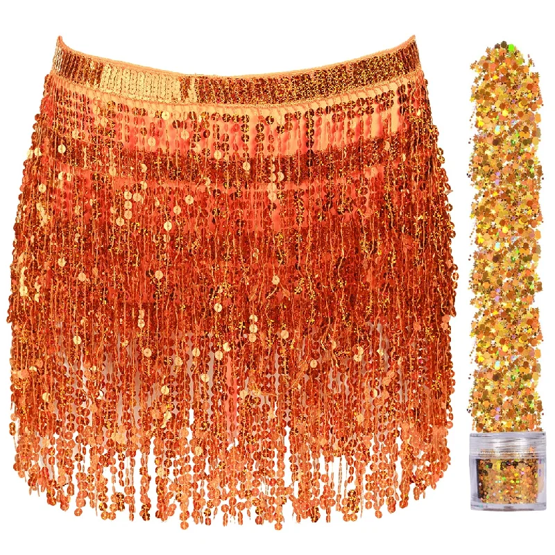 Sequin Fringe Mini Skirt - Sparkly Belly Dance Hip Scarf - Space Cowgirl Outfit - Holographic Tassel Skirts - Party Accessories - Music Festival Rave Clothes for Women ( Orange ) - FUNCREDIBLE maxi skirt elegant