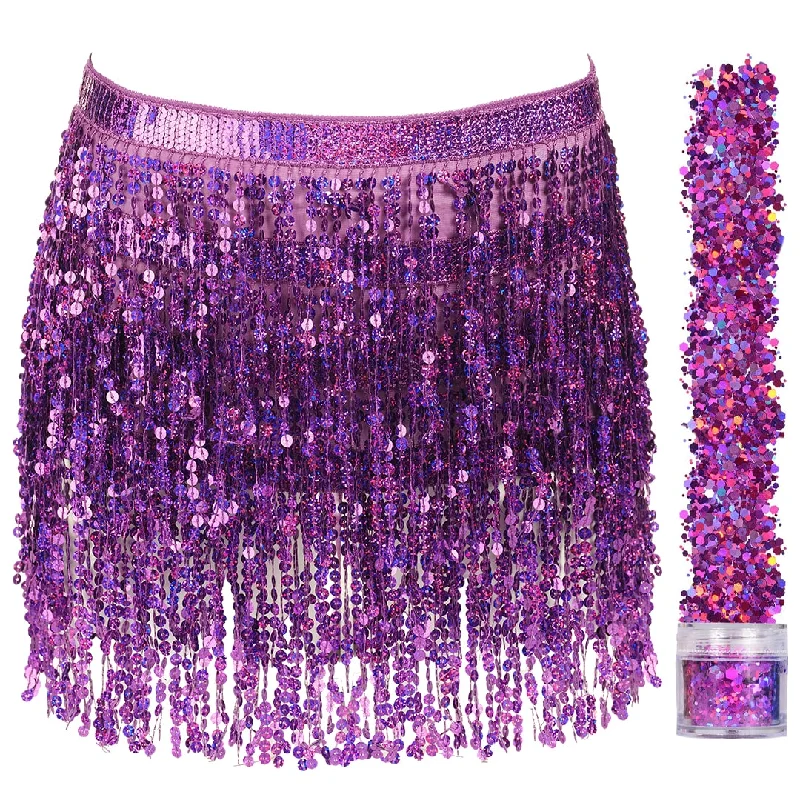 Sequin Fringe Mini Skirt - Sparkly Belly Dance Hip Scarf - Space Cowgirl Outfit - Holographic Tassel Skirts - Party Accessories - Music Festival Rave Clothes for Women ( Purple ) - FUNCREDIBLE modal blend skirt