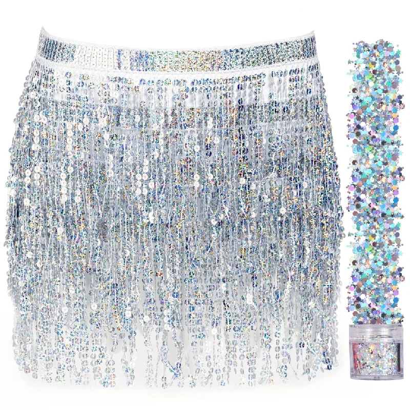 Sequin Fringe Mini Skirt - Sparkly Belly Dance Hip Scarf - Space Cowgirl Outfit - Holographic Tassel Skirts - Party Accessories - Music Festival Rave Clothes for Women ( Silver ) - FUNCREDIBLE silk skirt elegant