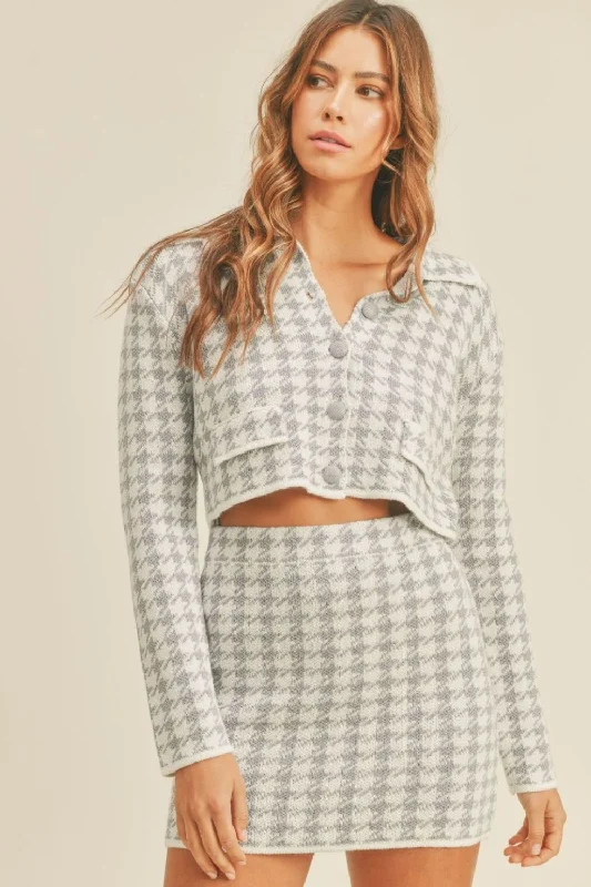 Houndstooth Cropped Knit Cardigan and Mini Skirt Set chiffon skirt airy