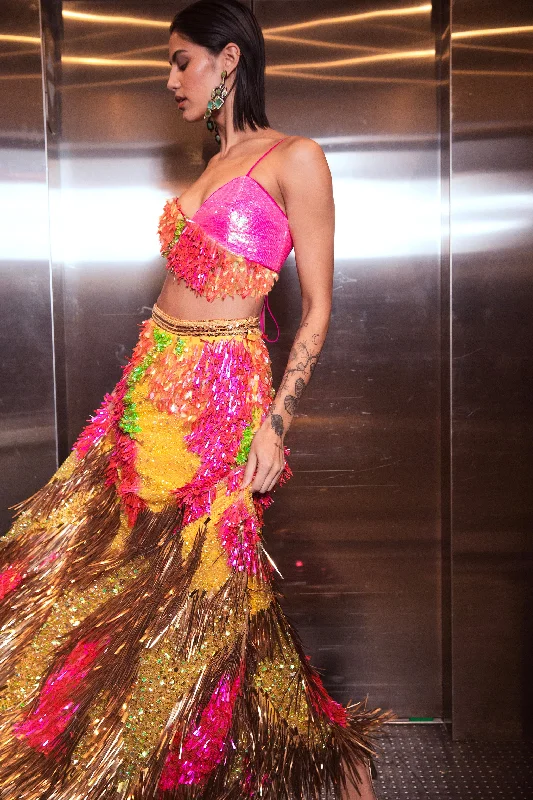 KINNI Fuchsia and Yellow Sequin Lehenga Maxi Skirt chiffon skirt flowing