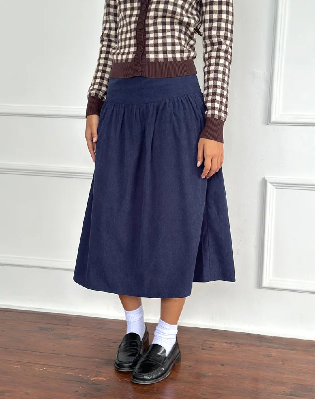 Kiranila Midi Skirt in Baby Cord Ink Blue corduroy skirt comfortable