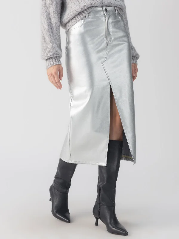 Leather Like Midi Skirt Silver denim skirt classic