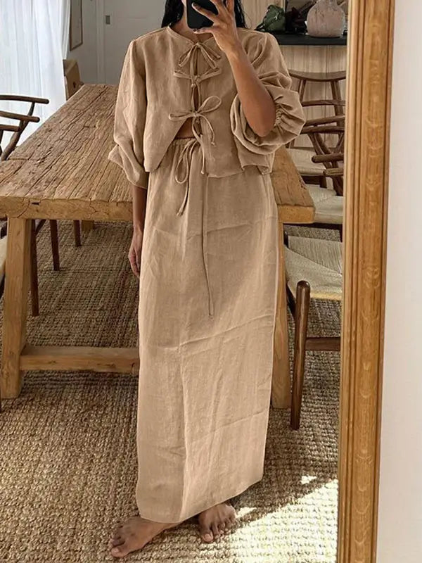 Long Puff Sleeve Tie Front Blouse & Maxi Skirt Set wool skirt warm