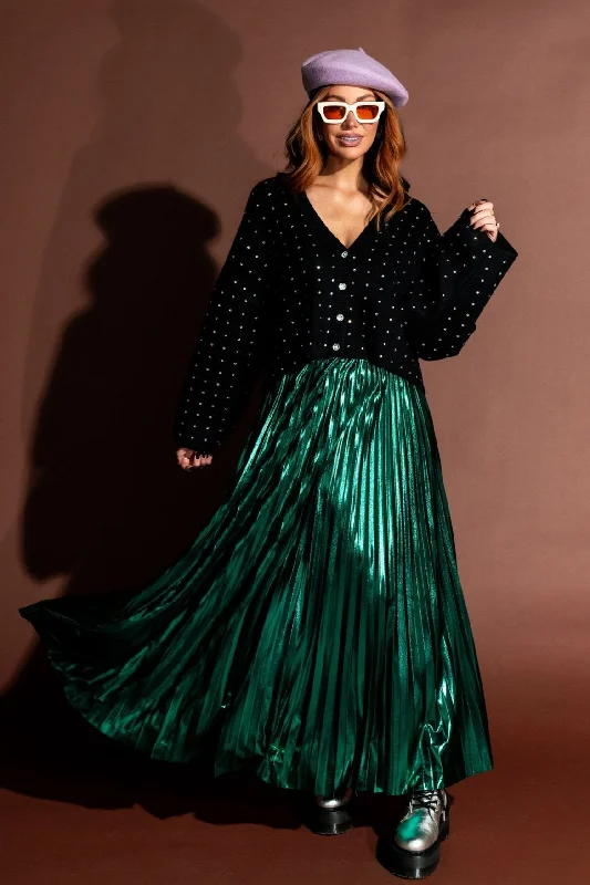 Metallic Pleated Midi Skirt in Emerald Green breathable skirt fabric