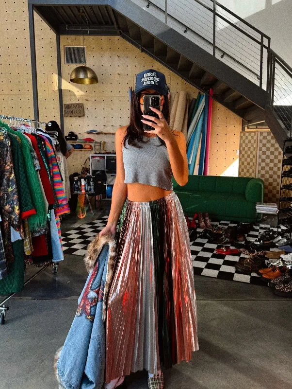 Metallic Pleated Midi Skirt in Ethereal Energy Panels ribbed skirt waist