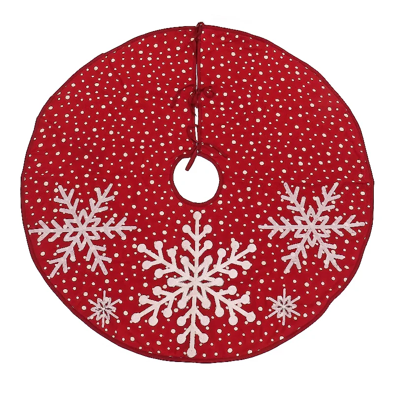 52 in. HGTV Home Collection Red Tree Skirt with Snowflake Embroidery and White Dots lace skirt intricate