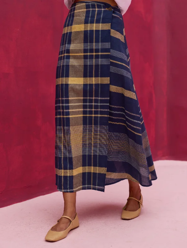 Para Check Linen Skirt - Navy vintage skirt charm