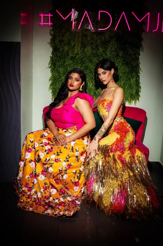 PENELOPE Yellow and Pink Floral Lehenga Skirt button skirt front