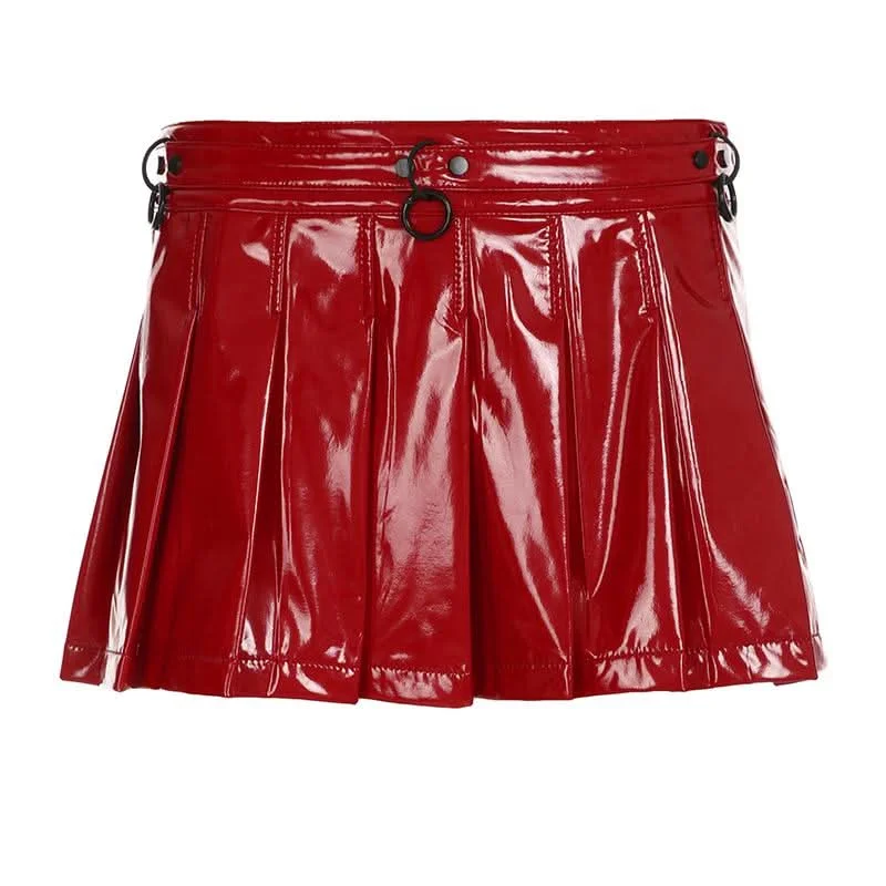 PU leather pleated A line o ring mini skirt leather skirt sleek