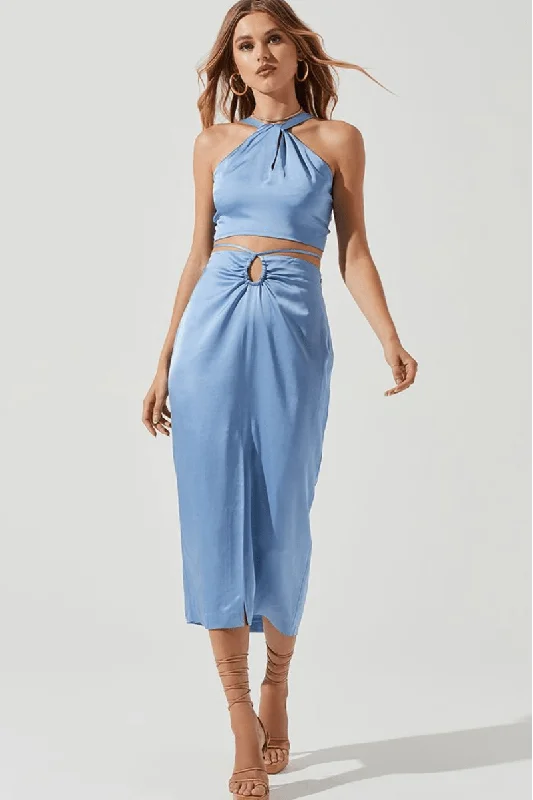 Robin Cut Out Midi Skirt Blue satin skirt smooth
