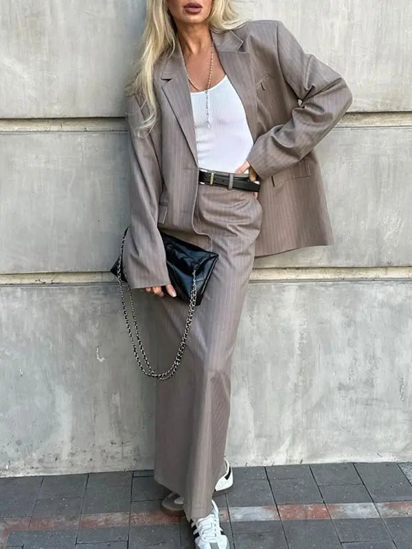Striped Long Sleeve Blazer & Skirt Set zip skirt side