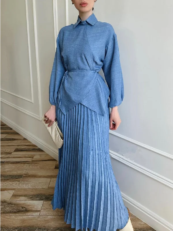 Tie Up Shirt & Pleated Maxi Skirt Set cashmere skirt rich