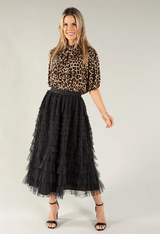 Tiered Ruffle Tulle Midi Skirt silk skirt lustrous