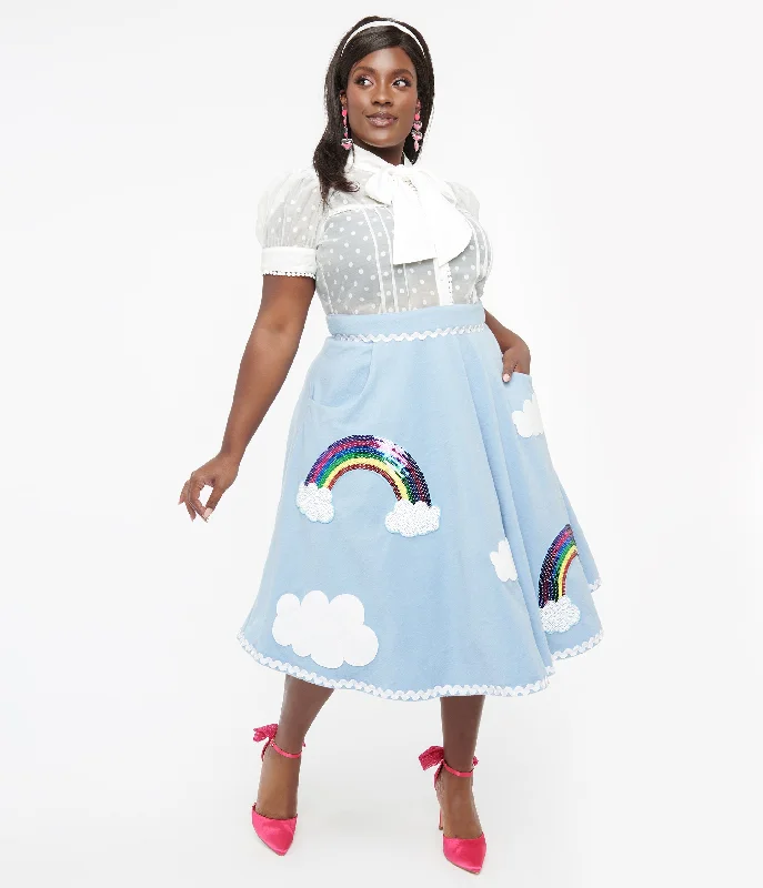Unique Vintage Plus Size 1950s Light Blue & Rainbow Sequin Soda Shop Swing Skirt lace skirt romantic