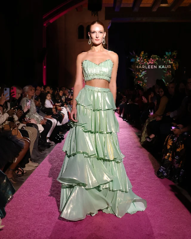 VAHINA Tiered Ruffle Metallic Mint Lehenga Skirt leather skirt sleek