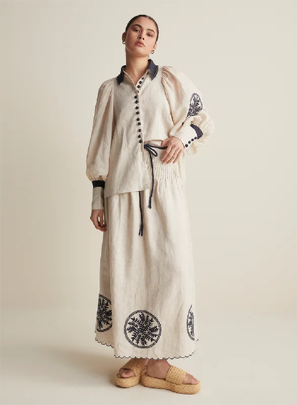 Vanessa Linen Maxi Embroidery Skirt | Flax Navy chiffon skirt delicate