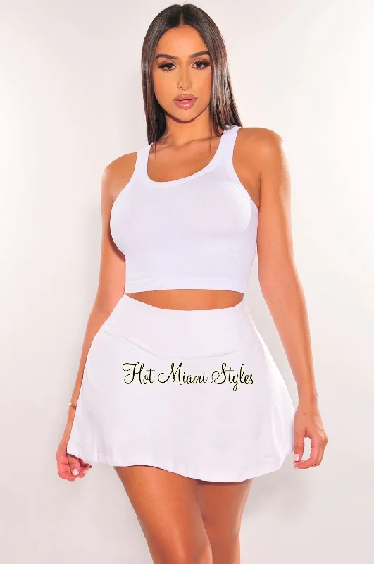 White High Waist Pleated Skort ribbed skirt waist