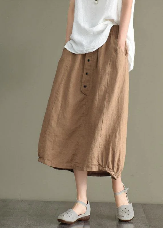 Women Khaki Linen Elastic Waist Button Skirt asymmetrical skirt cut
