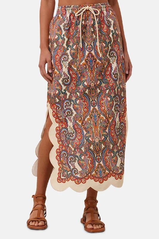Ottie Scallop Midi Skirt Multi Paisley pleated skirt texture